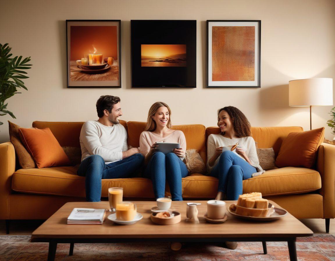 A modern couple in a cozy, stylish living room, engrossed in a streaming service on a large screen, surrounded by tasteful decor and mood lighting. The content on the screen subtly hints at diverse mature themes, while the couple shows expressions of laughter and intrigue. An inviting atmosphere with soft pillows and a warm color palette enhances intimacy. Include subtle hints of snacks and drinks on the coffee table. super-realistic. warm colors. cozy setting.