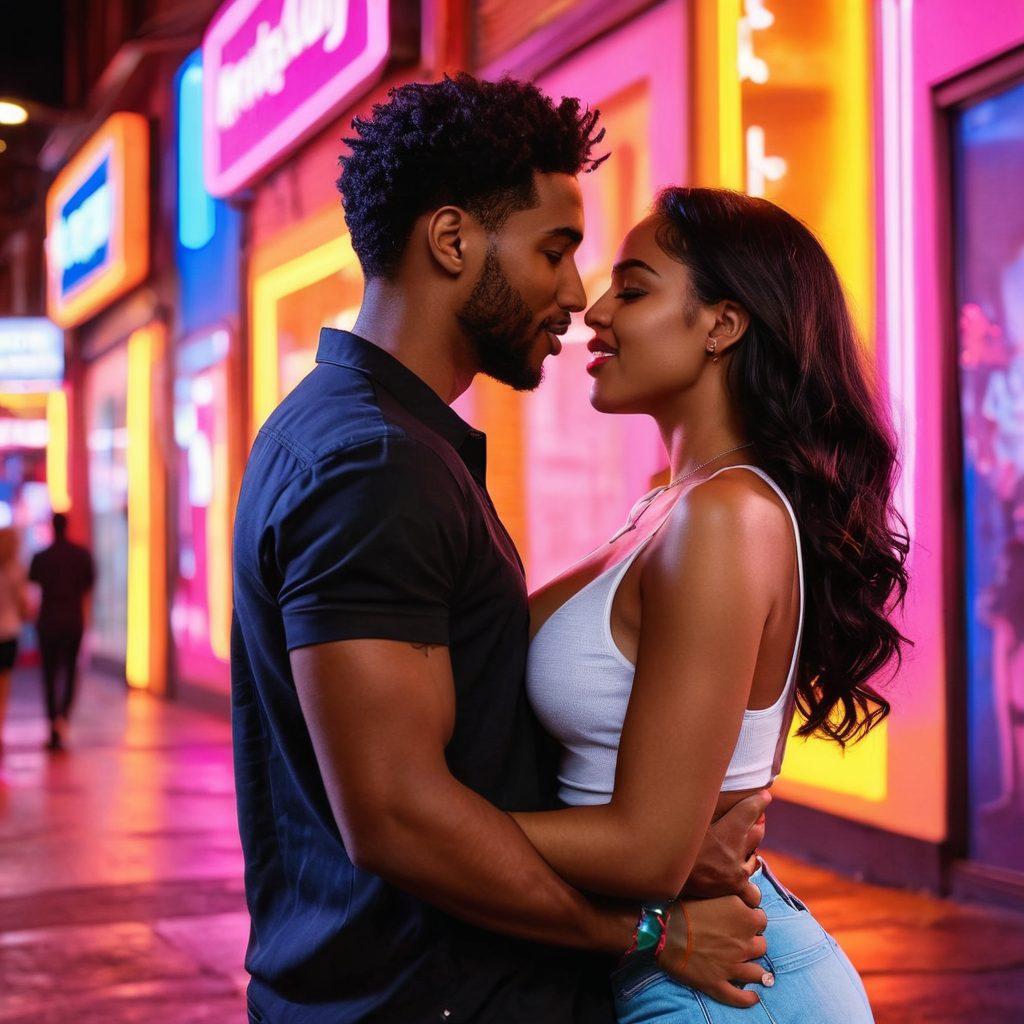 A colorful and dynamic collage showcasing various couples engaging in adult entertainment activities, set against a lively backdrop of urban nightlife. Illustrate diverse couples to emphasize inclusivity, with sensual expressions and playful interactions. Include elements like camera flashes or social media icons to highlight the content creation aspect. The overall mood should be vibrant and enticing, conveying both passion and creativity. 3D. vibrant colors. modern aesthetic.